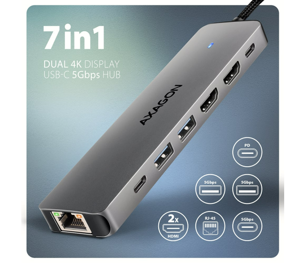 Axagon HMC-7HX2 USB-C 5Gbps DUAL 4K DISPLAY 7in1 hub - 1353488 - zdjęcie 5